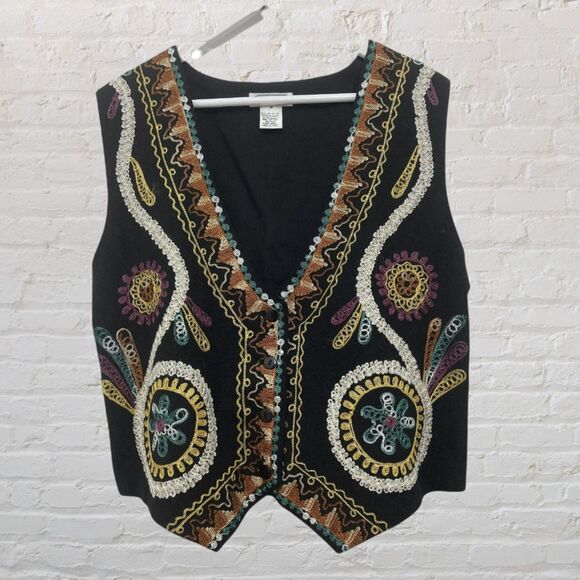 Gallagher Vintage  Vest M Embroidered Handmade Cotton Flax Tie Back Boho Black - Picture 1 of 14